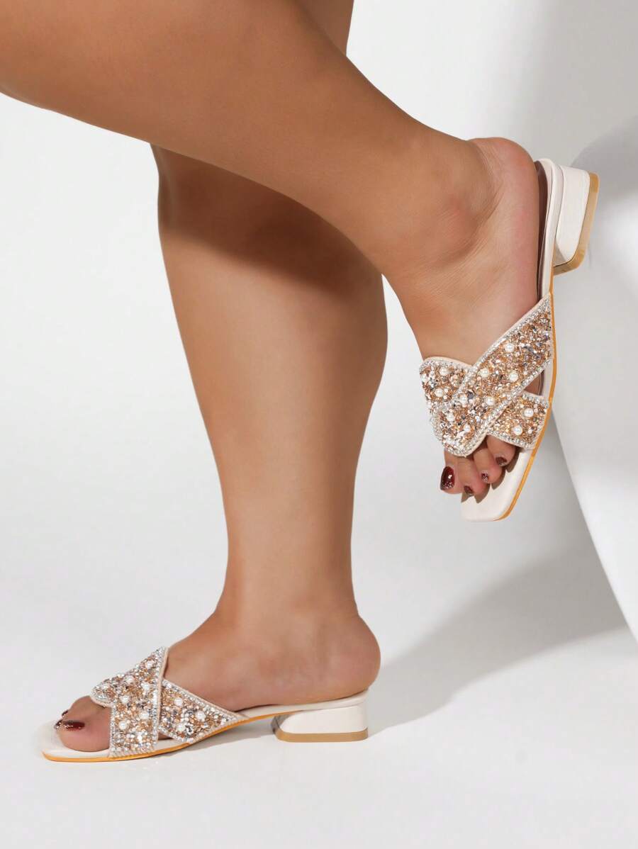 Plus Size Women Thick Sole Pearl Rhinestone Embellished Slide Sandals, Glamorous Net Pattern, Wide Width, Comfortable Low Heel, Fashionable Party/Vacation Wear - Gold - View 1