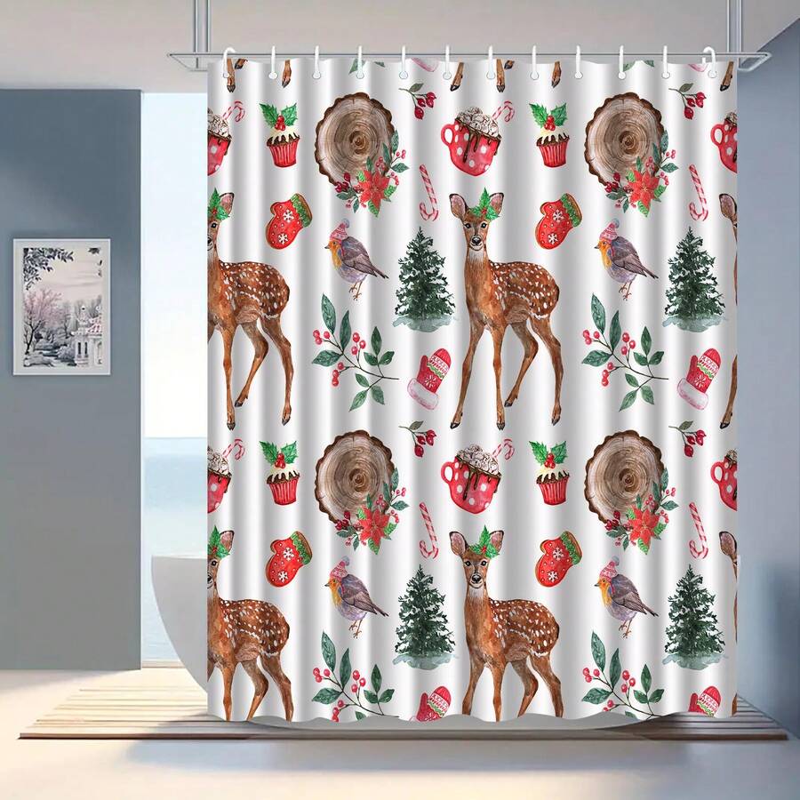 1 tấm rèm tắm polyester chống thấm nước in kỹ thuật số hình bông tuyết Giáng sinh, khu vực khô và ướt riêng biệt, chủ đề mùa đông - Nhiều màu - Xem 1