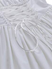 Women's Puff Sleeve A Line Dress Solid Colour Bandage Style Lace Trim Short Clubwear - White - View 5