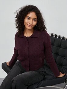 Women Loose Fit Fashionable Casual Versatile Long Sleeve Knit Cardigan - Burgundy - View 5