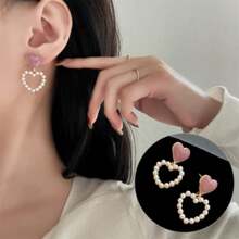 10 对/套复古千鸟格图案耳环，配珍珠和心形，金属吊坠耳环，休闲和工作装