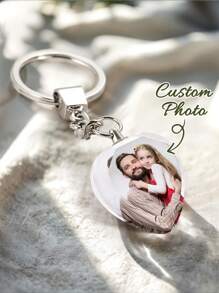 1pc Custom Crystal Keychain With Photo, Customized Parent-Child Photo Keychain, Personalized Crystal Photo Keyring For Father, Custom Photo Keychain Crystal Heart For Dad, Personalized Picture Keychain In Your Pocket, Unique Gift For Dad, Gift For Husband, Men, Grandpa, Gift For Him, Gift For Her, Ideal For Birthdays, Family Day Gift, Father's Day Gift, High School Senior High School Students, College Students, University Students, Colorful, Cute, Adorable, Funny, Kawaii, Y2K, Stylish, Customized, Customized Keychains & Accessories, Street Casual Chic - Heart - View 1