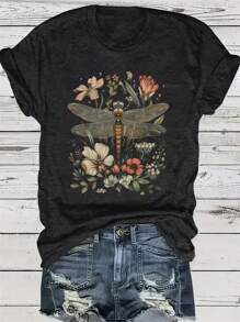 Floral Dragonfly Summer Boho Womens Graphic Tees - 深灰色 - 查看 1