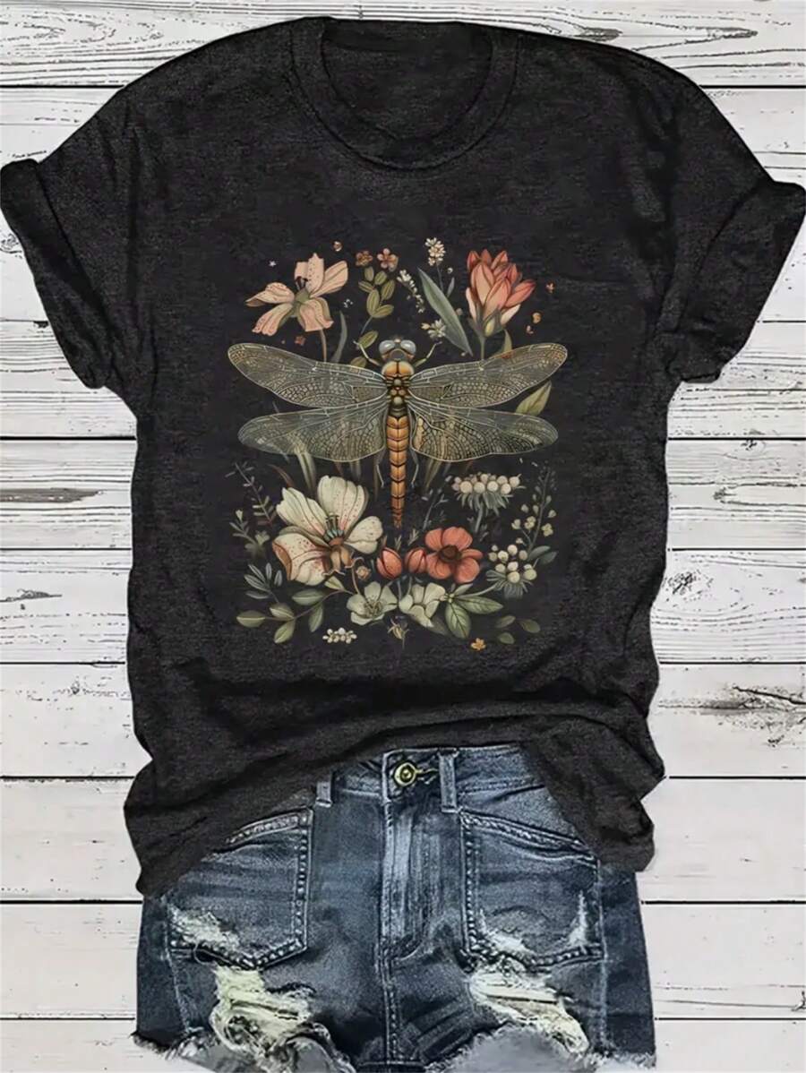 Floral Dragonfly Summer Boho Womens Graphic Tees - 深灰色 - 查看 1