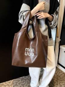 Dedoo 女款大容量單肩托特包，字母印花金屬感皮革，適合年輕女性日常通勤、購物、休閒手提包，四季適用 - 咖啡棕 - 查看 3
