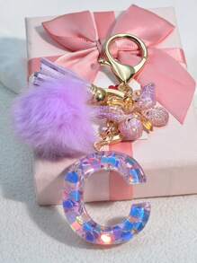 1pc Resin Letter Key Chain, Fashionable Women Handbag Heart Keyring Holder Butterfly Tassel Decor Valentine's Day Car Accessories Bag Charm Backpack For School Cute Goth Y2k Halloween Accessories Teachers Day Christmas Gift Ideas Bag Lanyards With Id Holder Car Accessories Bag Charms Car Friend Sister Gifts For Mother, Father, Graduation, And Teacher - Purple - View 3