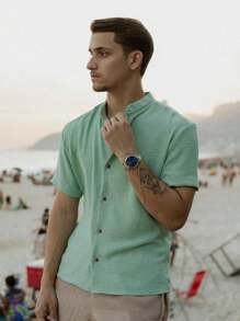 Men's Short Sleeve Shirt With Priest Collar Premium Quality Light And Fresh Fabric Easy To Iron - 綠色 - 查看 5