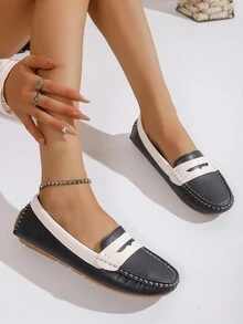 Giày lười đế bằng cổ điển dành cho nữ, thủ công, thiết kế phối màu, mềm mại và nhẹ - Đen và trắng - Xem 5