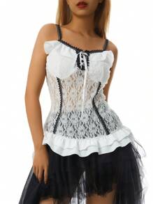 Women Street Shirt, Sleeveless V Neck Lace Floral Bow Slimming Casual Party Ruffle Suspender Tops - White - View 3