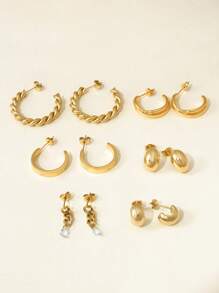 3 对/6 对简约金属几何不锈钢环状耳环套装，配人造珍珠，适合女性日常佩戴和送礼 - 金黃色 - 查看 10
