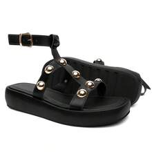Women's Black Papete Sandal With Gold Studs Comfort Flat - 黑色 - 查看 5