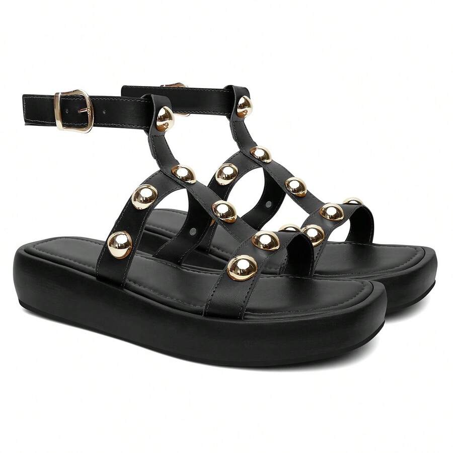 Women's Black Papete Sandal With Gold Studs Comfort Flat - 黑色 - 查看 1