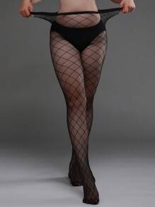 1pc Plus Size Vertical Stripe High Elasticity Fishnet Tights,  Costume Pantyhose, Sexy Mini Grid Mesh Black Stockings For Women - Black - View 3