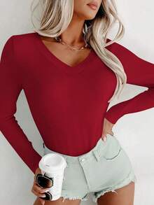 Huskary Womens Fall Deep V Neck Long Sleeve Shirts Modal Slim Fit Basic Tee Tops 2024 - Màu Đỏ Sâu - Xem 3