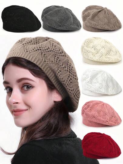 2 piezas/1 pieza Boina casual de punto para mujer, gorra de moda versátil de unicolor