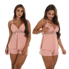 Kit 2 Baby Doll And 1 Nightgown Breastfeeding Pregnancy Postpartum Surgery Maternity Pajamas Lace Comfort - 灰色 - 查看 2