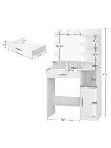 HEXCELEN Dressing Table, Dressing Table With 3 Shelves & 4 Open Compartments, Dressing Table With Large Drawer Cabinet, 3 Adjustable Lighting Intensities - White - View 8