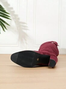 秋冬高跟粗跟方头时尚徒步婚礼性感百搭绒面过膝过膝长靴 酒红色（小腿宽） （鞋子略大，脚窄者建议小0.5码订购或购买前查看脚长脚宽参数）