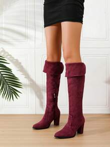 秋冬高跟粗跟方头时尚徒步婚礼性感百搭绒面过膝过膝长靴 酒红色（小腿宽） （鞋子略大，脚窄者建议小0.5码订购或购买前查看脚长脚宽参数）