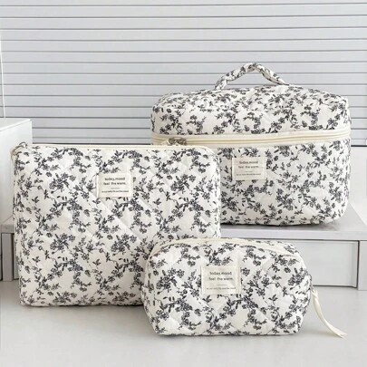 1 Pc Korean Style Black Floral Makeup Bag For Women Travel Large Mini Flower Portable Storage Pouch Opening Zipper Design Suitable For Cosmetic Lipstick Jewelry Tissues Sanitary Napkins Bag,Pouch,Makeup Pouch,Travel Essential