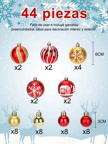 Juego de 44 bolas navideñas, bolas creativas pintadas de rojo y dorado, adecuadas para fiestas navideñas, guirnaldas, árboles de Navidad, 3-6 cm,Adornos colgantes para árboles de Navidad, regalos navideños, aumentan el ambiente navideño, adecuados para fiestas navideñas, decoraciones de jardín y regalos navideños para familiares y amigos - SDS4176 - Ver 7