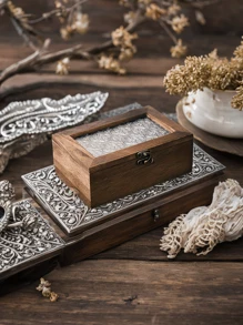 1pc Vintage Wooden Storage Box, Household Dust-Proof Flip-Cover Jewelry Box, Desktop Valuables Organizer Box, Lockable Wooden Storage Box, Home Decor Storage Box - Multicolor - View 6