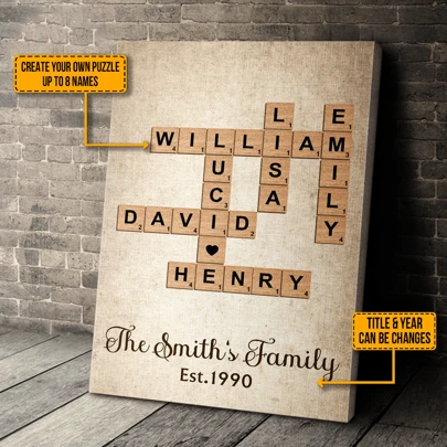 Catygift Custom Names - Family Crossword Art - Personalized Customized Framed Vertical Canvas No Famed Poster Wall Art- Family Gift, Valentine's Day, Valentine's Day Decor, Waterproof, Anti-Mold Stylish, Adorable Ideal Gifts For Him, Ideal Gifts For Her, Boyfriend, Dad, Girlfriend, Mom, Family, Friends, Tea Room, Home, Garden, Office, For Anniversaries, For Valentine's Day, For Mother's Day, For Birthdays, For Father's Day, For Graduation, For Weddings, For Housewarming,Slow Summer Living,Customized Wall Art,Home Refresh