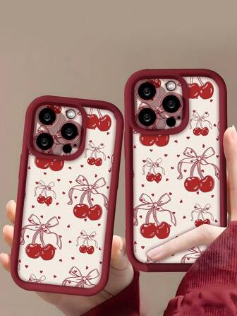 Valentines 1pc New Retro Heart & Cherry Pattern Soft TPU Shockproof Anti-Slip Phone Case Cover Compatible With Samsung/IPhone 16/16 PLUS/16 PRO/16 PRO MAX