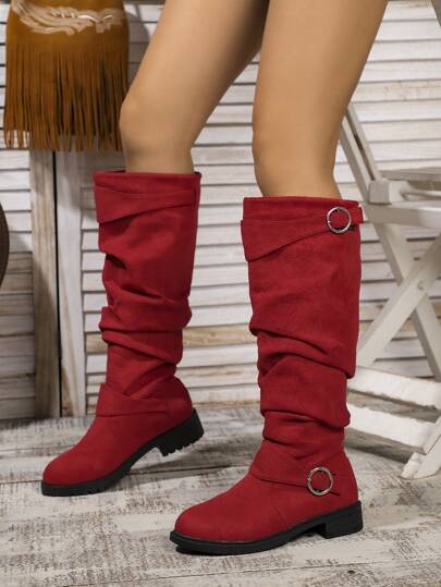 Black Tall Boots For Women With Buckle, Thick Heels And Platform