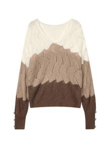 Women's Casual V-Neck Contrast Color Long Sleeve Sweater, Nutmeg Color, Autumn/Winter - Coffee Brown - View 5