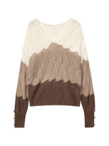 Women's Casual V-Neck Contrast Color Long Sleeve Sweater, Nutmeg Color, Autumn/Winter