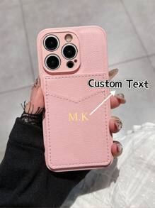 1pc Customized Korean Style Litchi Texture Card Holder Leather Phone Case, Personalized Letter Name, Solid Color Retro Premium Couple Phone Case - Red - View 4