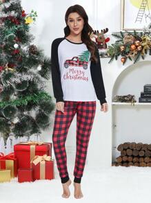 2 piezas Conjunto de pijama de Navidad para mujer, parte superior de manga larga con estampado de árbol de Navidad a cuadros y pantalones largos, ropa de estar cómoda para vacaciones, otoño/invierno - Blanco - Ver 3