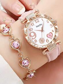 6pcs Pink PU Alloy Firework Heart Design Quartz Watch, Hollow Necklace, Bracelet, Ring, Earring Jewelry Set, Birthday Gift For Kids - Pink - View 4