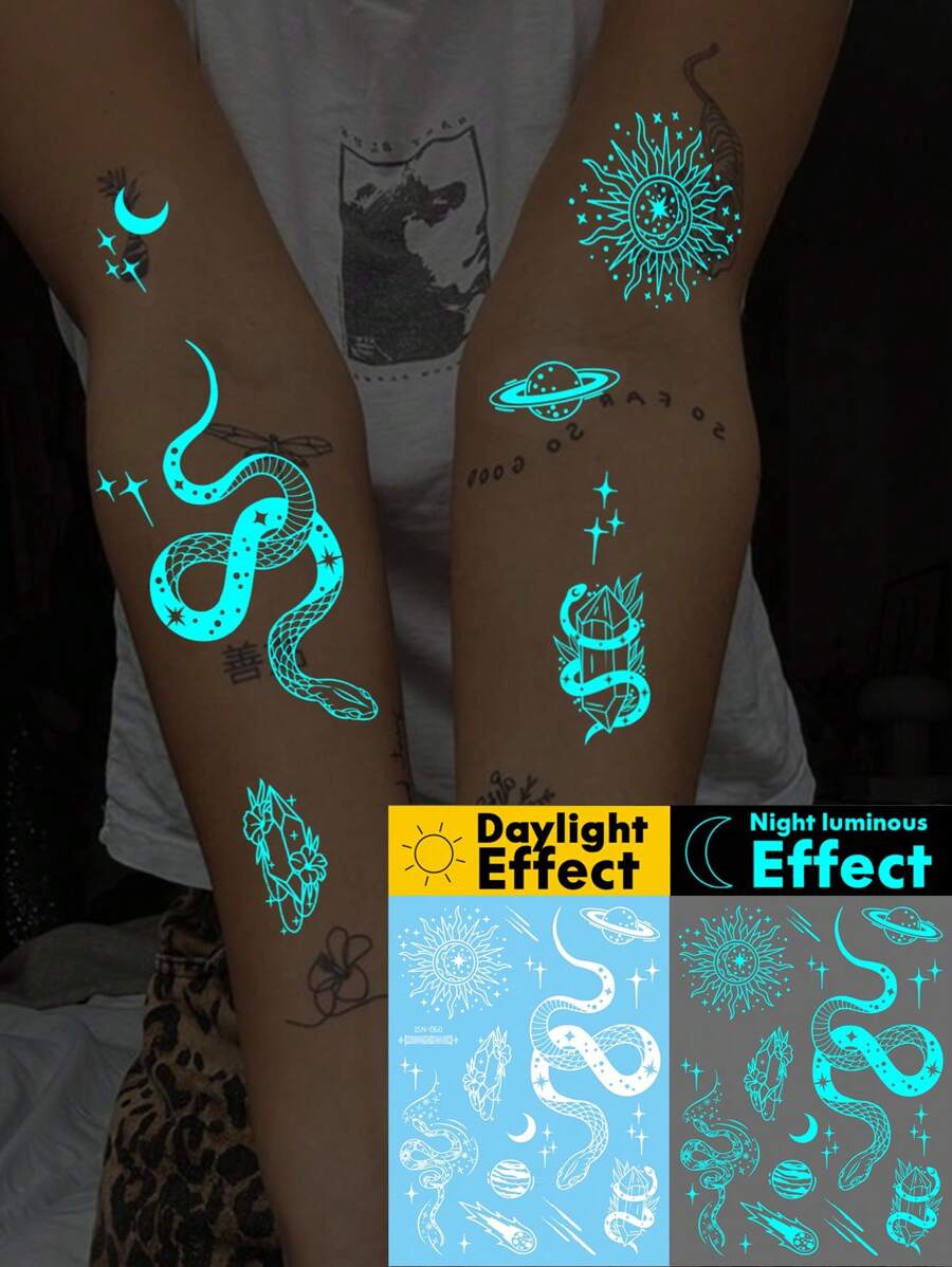 1 Blatt große, leuchtend blaue und weiße Tinte, die im Dunkeln leuchtet. Originalität, temporäre Tattoo-Aufkleber für den Körper, glitzerndes, magisches Schlangen-Kristall-Meteoriten-Sonnenplaneten-Muster, wasserfestes Fake-Tattoo, hält 2–5 Tage, deckt Narben ab, kann auf Armen, Handgelenken, Schultern, Beinen, Taille, Hals, Händen, Brust, Oberschenkeln, Fingern verwendet werden, Überraschungsgeschenk für Partys und Geburtstage - Weiss - Übersicht 1