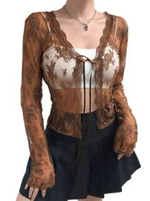 Womenacute;s Sexy Sheer Shrug, Casual Long Sleeve Tie Up Floral Lace Cropped Cardigan - Marrón - Ver 1