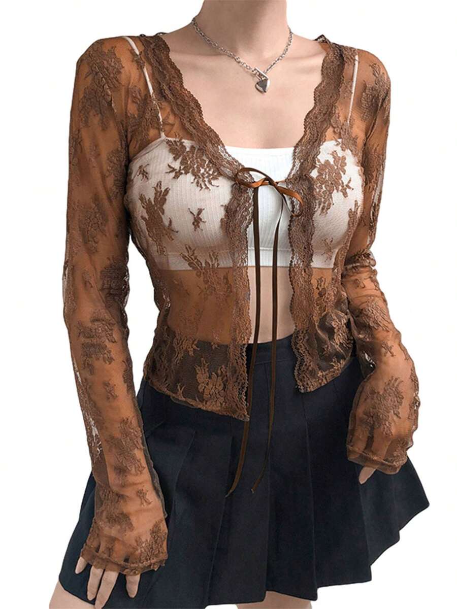 Womenacute;s Sexy Sheer Shrug, Casual Long Sleeve Tie Up Floral Lace Cropped Cardigan - Marrón - Ver 1
