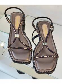 Dahazzi Women's Flat Sandal Luxury Shine Rhinestone Comfort Flip Flop New Release - 黑色 - 查看 4