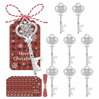 24 Pcs Snow Bottle Opener Sets Xmas Themed With 8 Pcs Christmas Snowflake Key Opener 8 Pcs Cards And 8 Pcs Ropes For Christmas Party Favors, Christmas Snowflake Gifts For Coworkers Decoration