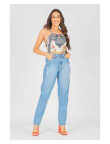 Mom Bruna Pants With Frayed Edges - 中等水洗藍 - 查看 2