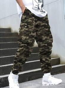 1 件男士多口袋迷彩印花工装裤，休闲实用，适合海滩、旅行、锻炼、户外运动、健身、慢跑、百搭街头风格，及踝长度 - 黑色 - 查看 8