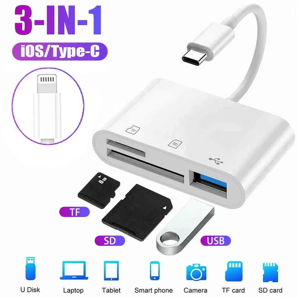 3-In-1 Type-C/Lightning Card Reader Adapter, SD/TF/OTG Card Reader Compatible With IPhone - White - View 1