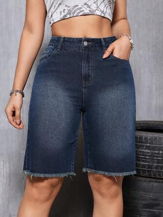 Women's Casual Water-Washed Frayed Hem Straight Leg Mid-Length Denim Shorts