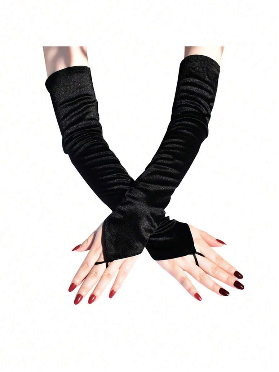 1pair Cosplay Gloves, Fingerless Long Satin Arm Sleeve For Wedding Party - Multicolor - View 1