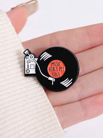 1pc Letter Casual Streetwear Zinc Alloy Brooch, Black Round Geometric Music Apparel Accessory Pin, Magnetic Stud Lapel Pin, Suitable For All Seasons Dress Accessories Pin For Clothes Bag Charm School Office Accessories Shirts Jacket Jewelry Christmas Halloween Clothes Pin Funny Cute Teacher Gifts