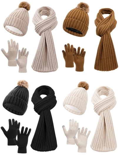 3pcs Women Simple Solid Color Vertical Striped Knit Knitted Beanie, Scarf Set With Gloves, Warm And Cozy For Casual Outdoor Use In Autumn/Winter Winter Accessories Winter Outfits Gifts