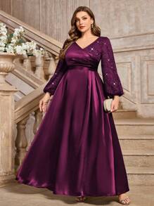 加大 V 领灯笼袖花卉亮片蕾丝撞色缎面舞会晚会礼服、婚礼宾客礼服，适合节日、毕业典礼、晚宴、返校节