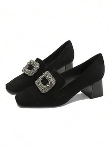 Giày cao gót nữ mũi vuông đính đá lấp lánh, kiểu dáng slip-on, thích hợp cho mùa thu. - màu đen - Xem 7