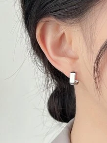 Moonfan 2 件几何方形耳钉，简约设计，适合女性日常佩戴 - 銀色 - 查看 1