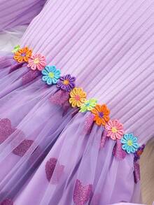 Girls' Long Sleeve Purple Round Neck Ribbed Ruffle Heart Mesh Overlay Dress, Suitable For Birthday Party - Purple - View 6